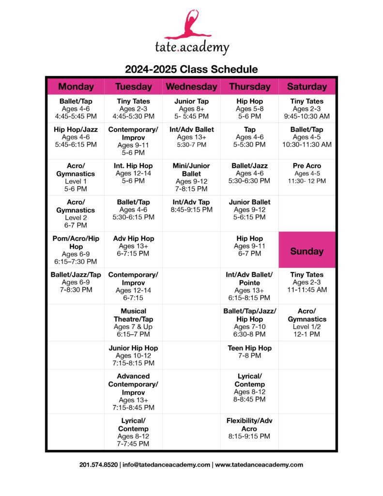 Tate Academy Dance 2024-2025 Schedule